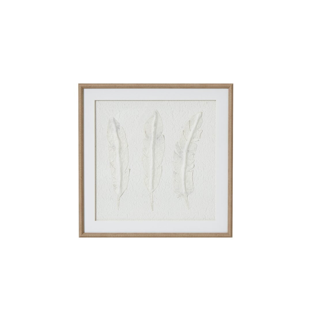 SOLLI White Feathers Art in champagne-beaded frame with raised feather impressions for contemporary and coastal interiors.