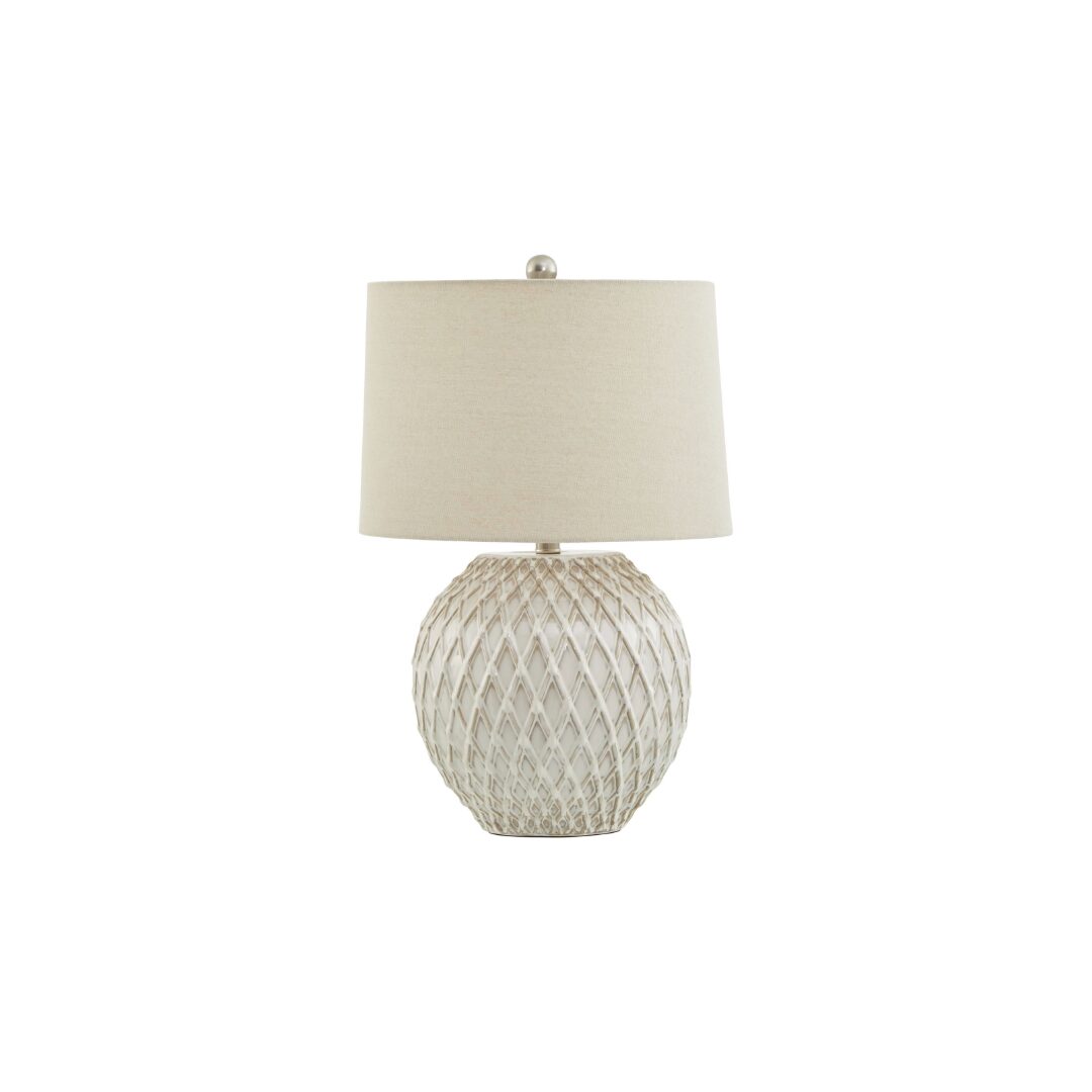 LATTICE Ceramic Table Lamp with neutral cream lattice base and natural linen shade for versatile interior décor.