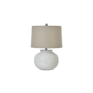 SQUAT White Beaded Ceramic Lamp with linen shade for coastal, boho, and natural-inspired interiors.