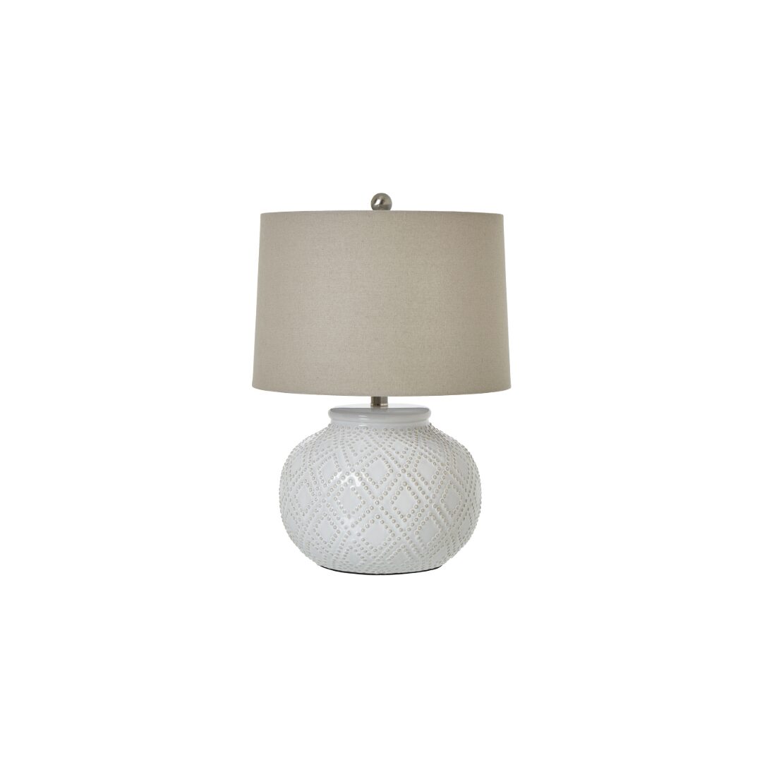 SQUAT White Beaded Ceramic Lamp with linen shade for coastal, boho, and natural-inspired interiors.