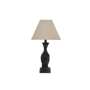 INCIA Fluted Wooden Table Lamp – Handcrafted grey-washed wooden lamp with fluted base and neutral linen shade, ideal for rustic or cottagecore interiors.