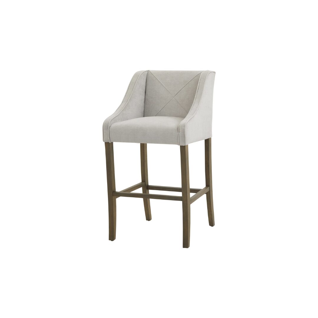 Epsom Grey Bar Stool with light grey fabric upholstery and wooden frame.