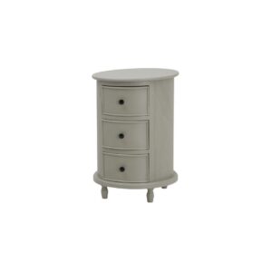 CAMDEN 3 Drawer Round Side Table in grey wood with circular design and three storage drawers.