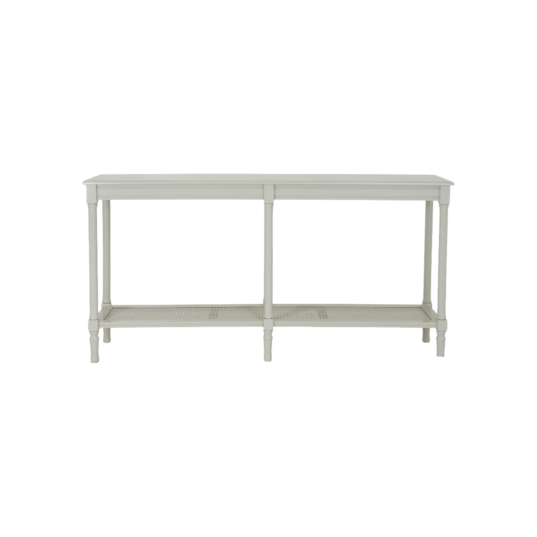 Belmont Rattan Large Console – white wood console with rattan-textured front and clean modern lines.