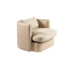 JULES Off-White Armchair – modern leather armchair with semi-circular backrest and black metal frame, designed for stylish comfort.