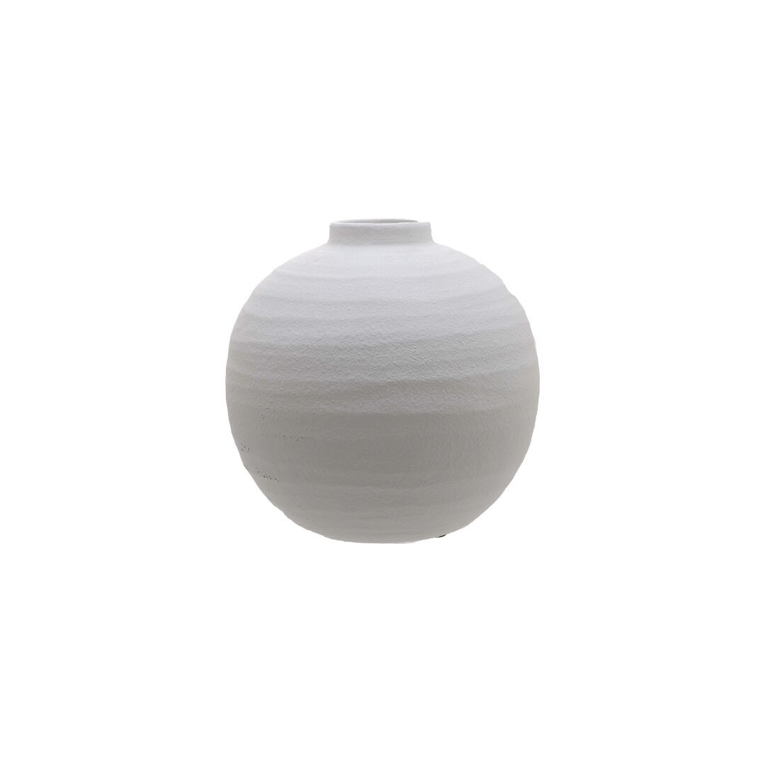 TIBER Matt White Ceramic Vase – minimalist round white ceramic vase with matte finish and textured surface, perfect for modern interiors.