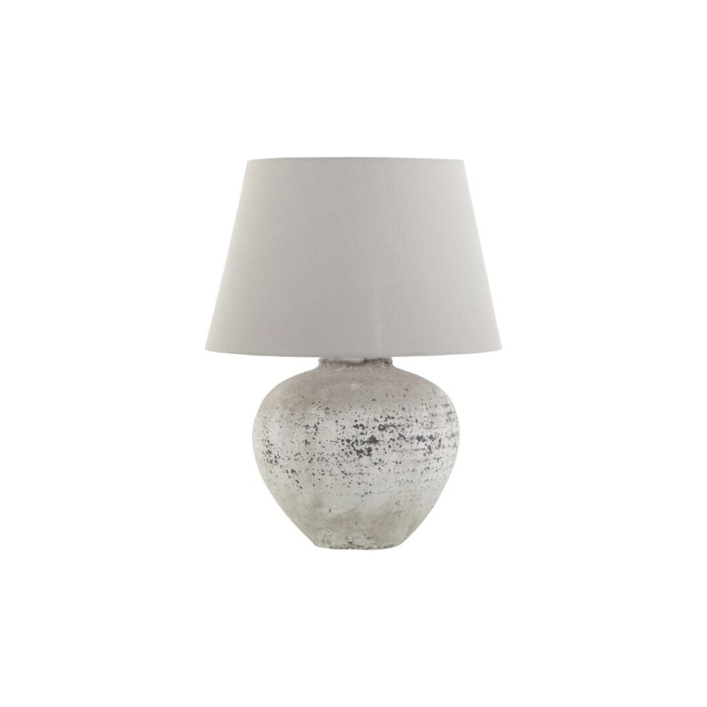 REGOLA Large Stone Ceramic Lamp &ndash; Handcrafted stone-effect ceramic lamp with light grey fabric shade, ideal for modern and rustic interiors.