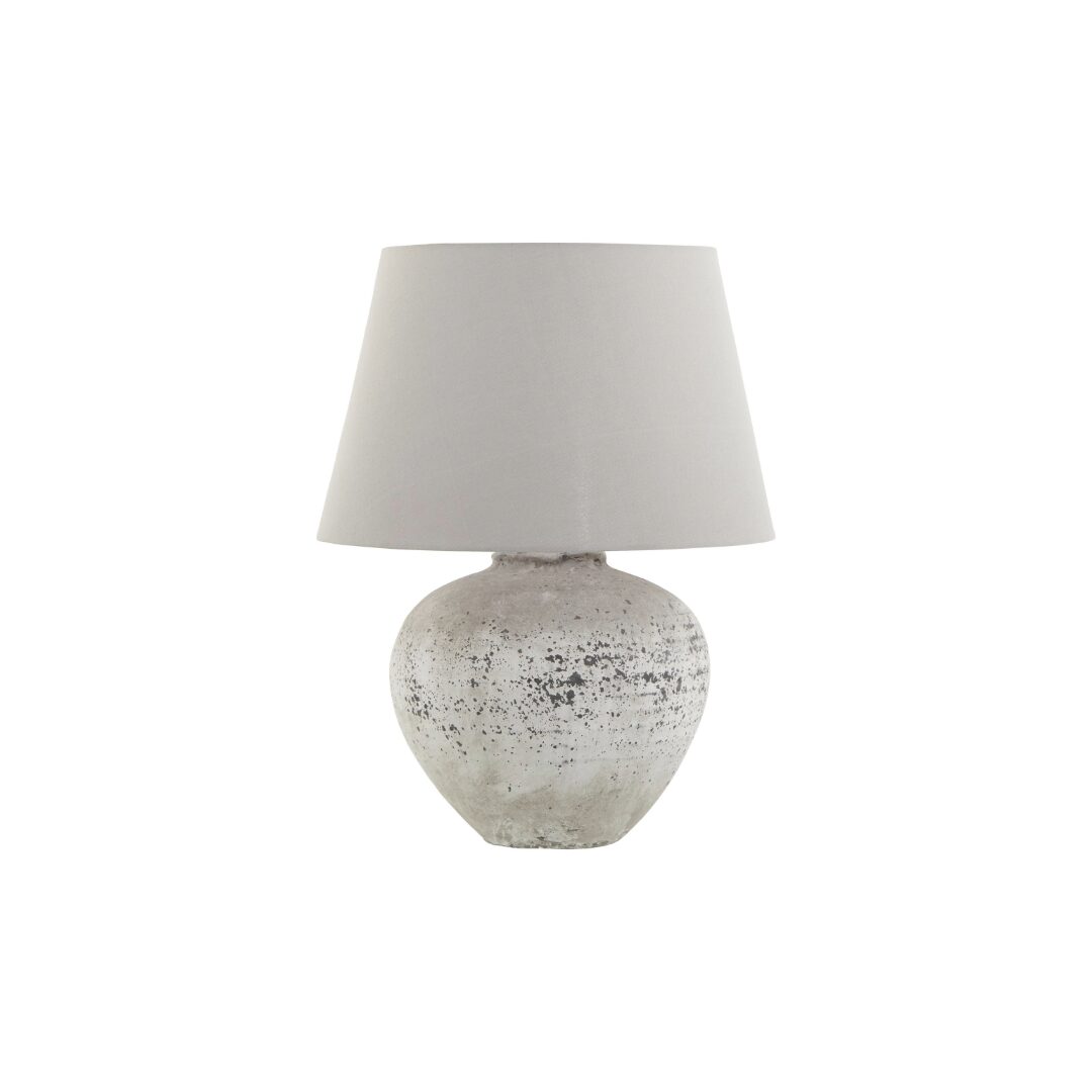 REGOLA Large Stone Ceramic Lamp – Handcrafted stone-effect ceramic lamp with light grey fabric shade, ideal for modern and rustic interiors.