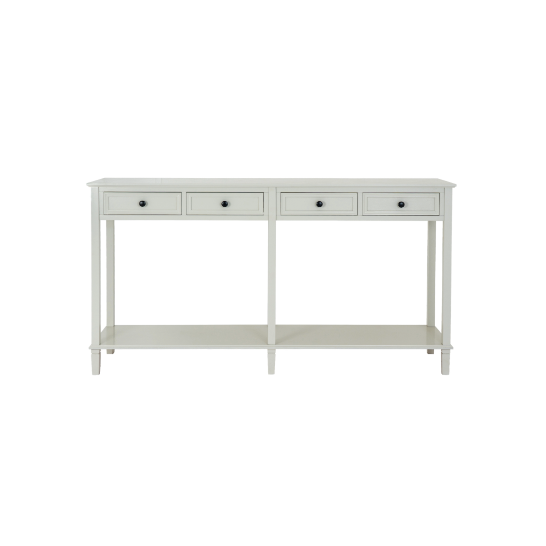 BELMONT Collection 4 Drawer Console – white natural wood console with four drawers for storage and décor