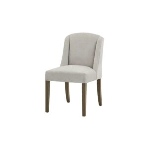 COMPTON Grey Dining Chair – Handcrafted grey twill dining chair with solid wood frame, curved backrest, and sloped armrests for exceptional comfort and style.