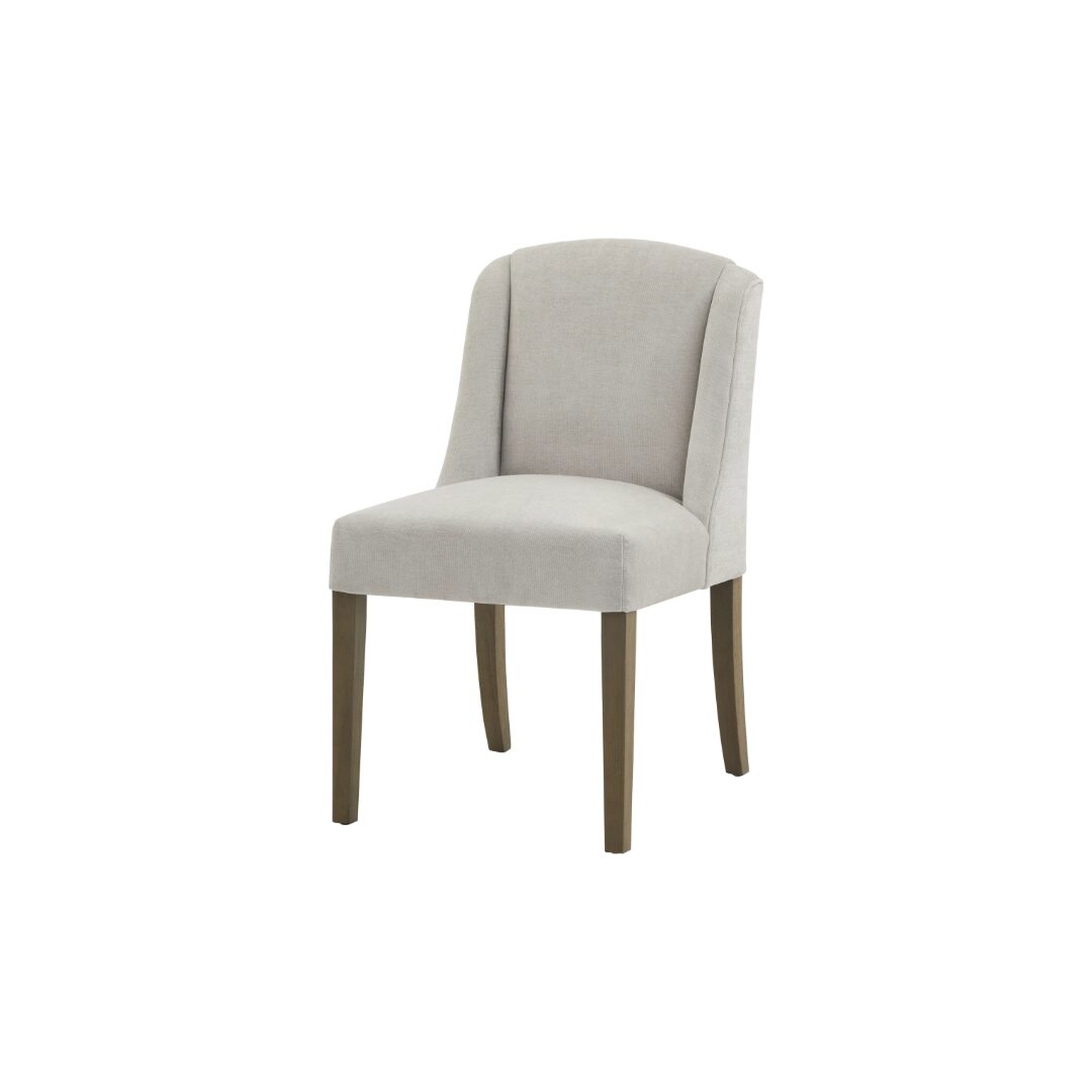 COMPTON Grey Dining Chair – Handcrafted grey twill dining chair with solid wood frame, curved backrest, and sloped armrests for exceptional comfort and style.