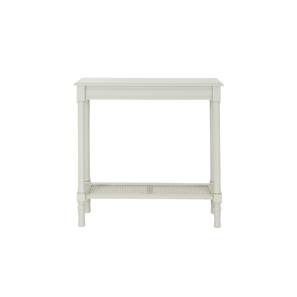 BELMONT Rattan Collection Console with white wood frame and textured rattan front.