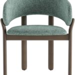 Upholstered dining chair with curved backrest in green fabric and shaded grey-brown beech wood frame.