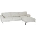 White three-seater sofa with textured fabric upholstery, matching footstool, and slim black metal legs.