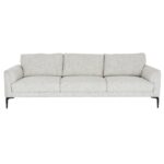 White three-seater sofa with textured fabric upholstery, matching footstool, and slim black metal legs.