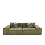HULK Sofa in olive green, two-seater modular design with plush cushions and botanical accent pillows