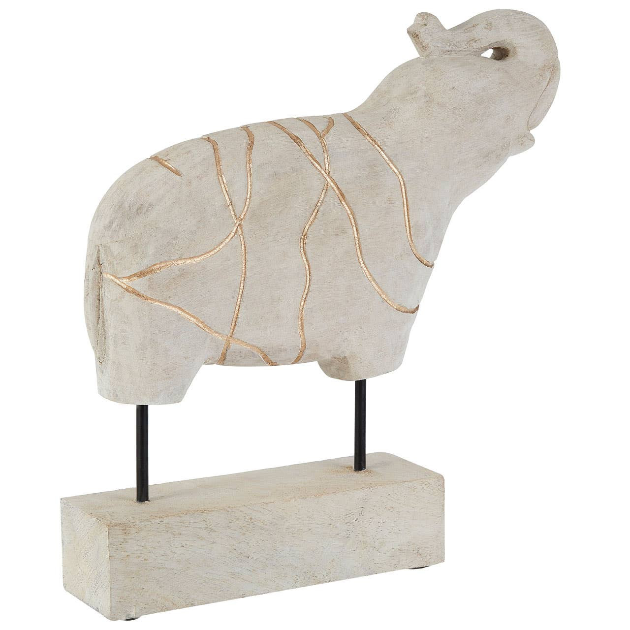 Whitewashed mango wood elephant sculpture with gold engraved detailing, mounted on a rectangular pedestal base.