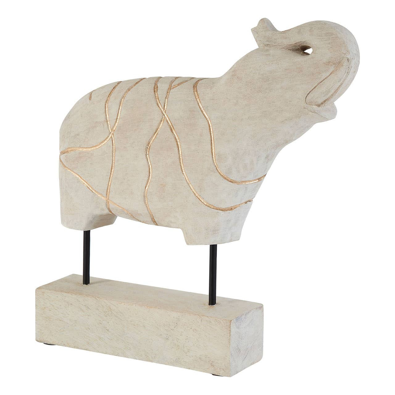Whitewashed mango wood elephant sculpture with gold engraved detailing, mounted on a rectangular pedestal base.