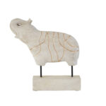 Whitewashed mango wood elephant sculpture with gold engraved detailing, mounted on a rectangular pedestal base.