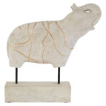 Whitewashed mango wood elephant sculpture with gold engraved detailing, mounted on a rectangular pedestal base.