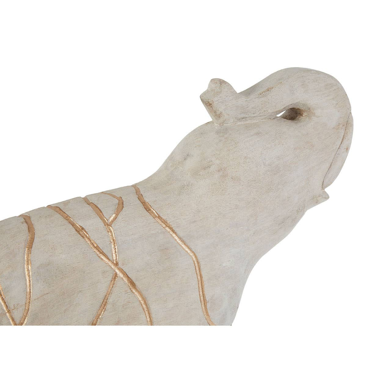 Whitewashed mango wood elephant sculpture with gold engraved detailing, mounted on a rectangular pedestal base.