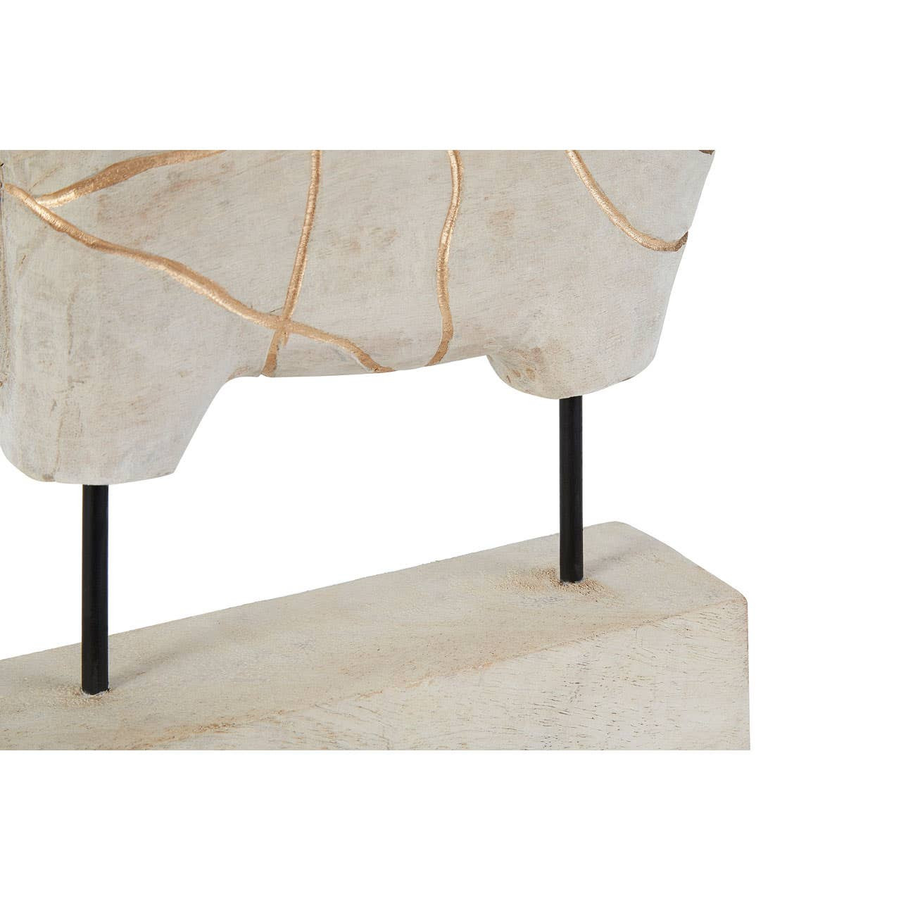 Whitewashed mango wood elephant sculpture with gold engraved detailing, mounted on a rectangular pedestal base.