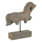 Natural mango wood horse sculpture with copper engraved detailing, elevated on black iron stems and a rectangular base.
