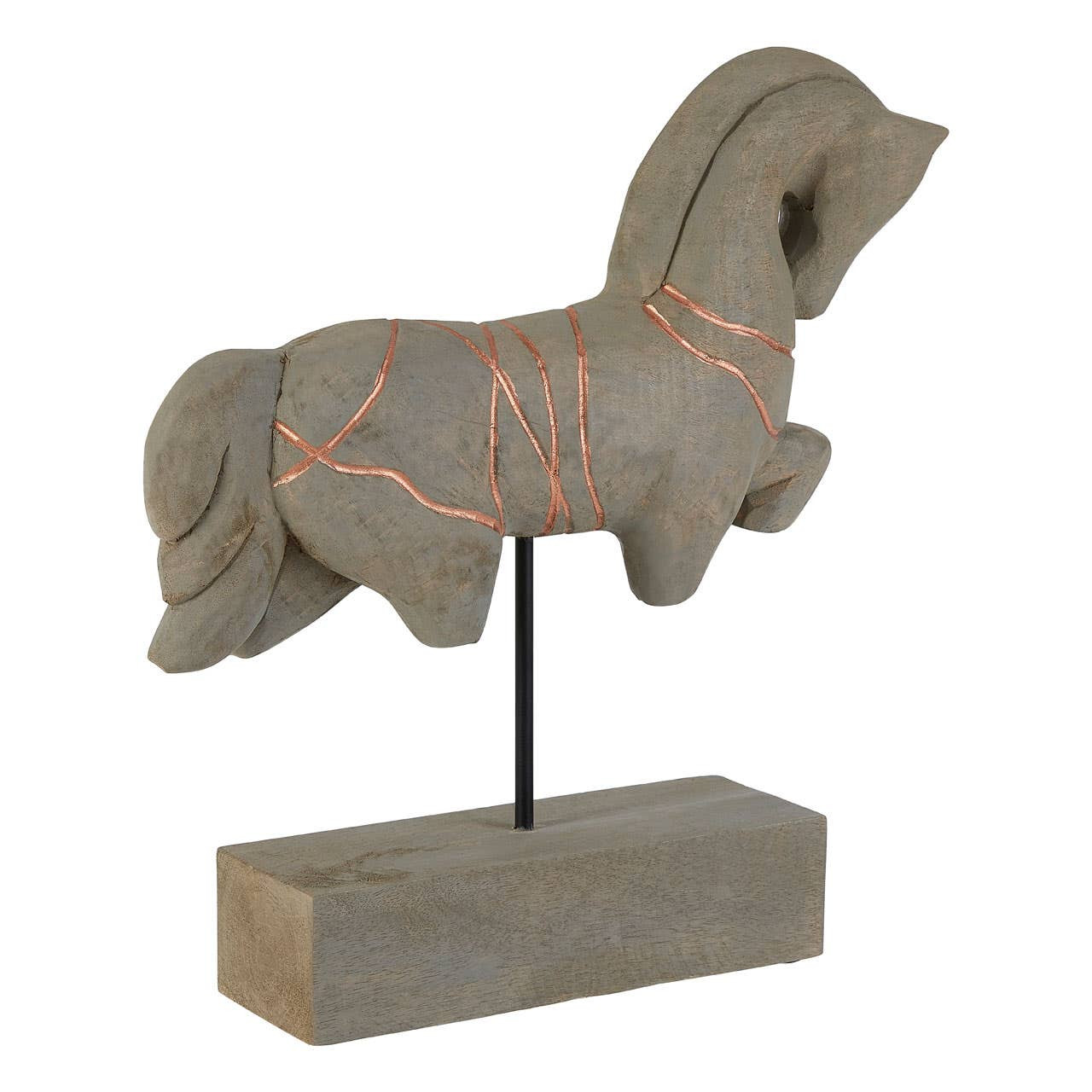 Natural mango wood horse sculpture with copper engraved detailing, elevated on black iron stems and a rectangular base.