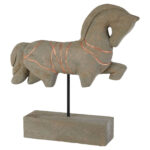 Natural mango wood horse sculpture with copper engraved detailing, elevated on black iron stems and a rectangular base