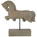 Natural mango wood horse sculpture with copper engraved detailing, elevated on black iron stems and a rectangular base.