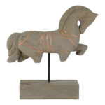 Natural mango wood horse sculpture with copper engraved detailing, elevated on black iron stems and a rectangular base.