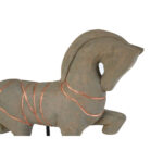 Natural mango wood horse sculpture with copper engraved detailing, elevated on black iron stems and a rectangular base.