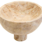 Chocolate marble pedestal bowl with natural veining and a round elevated base.