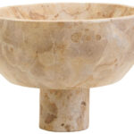 Chocolate marble pedestal bowl with natural veining and a round elevated base.