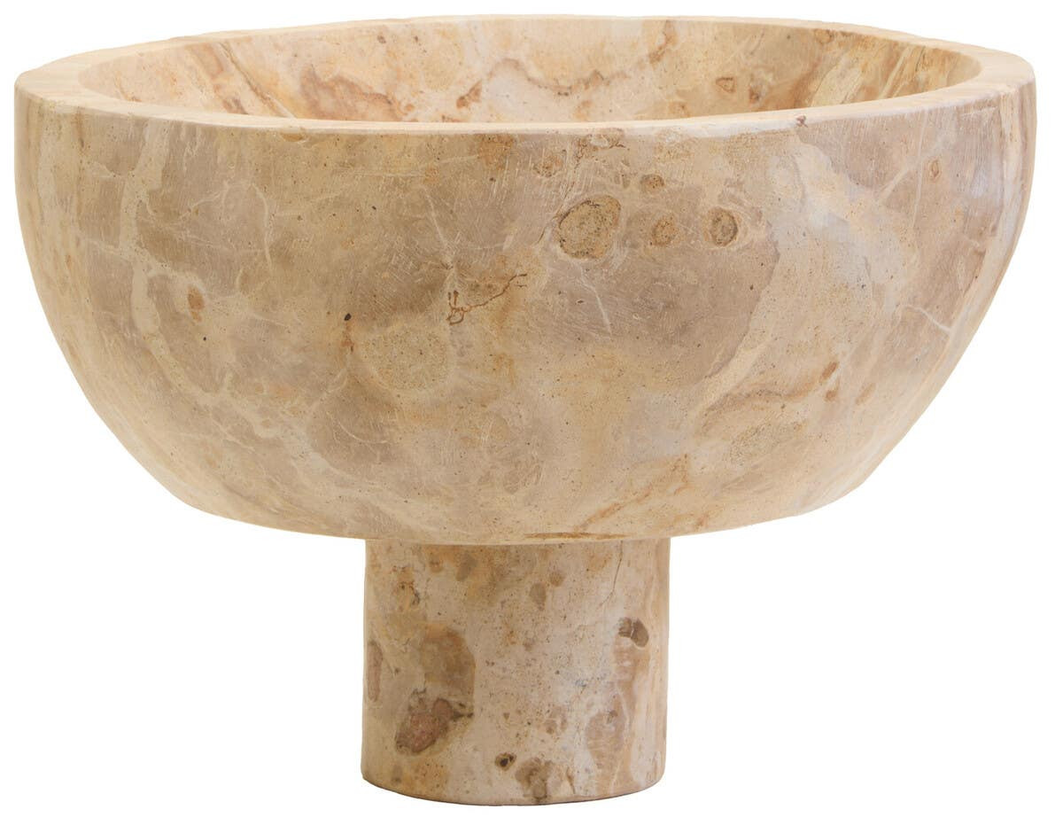 Chocolate marble pedestal bowl with natural veining and a round elevated base.