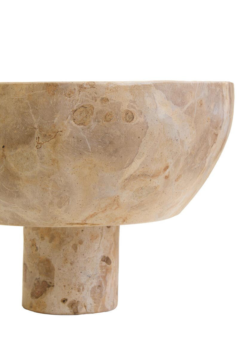 Chocolate marble pedestal bowl with natural veining and a round elevated base.