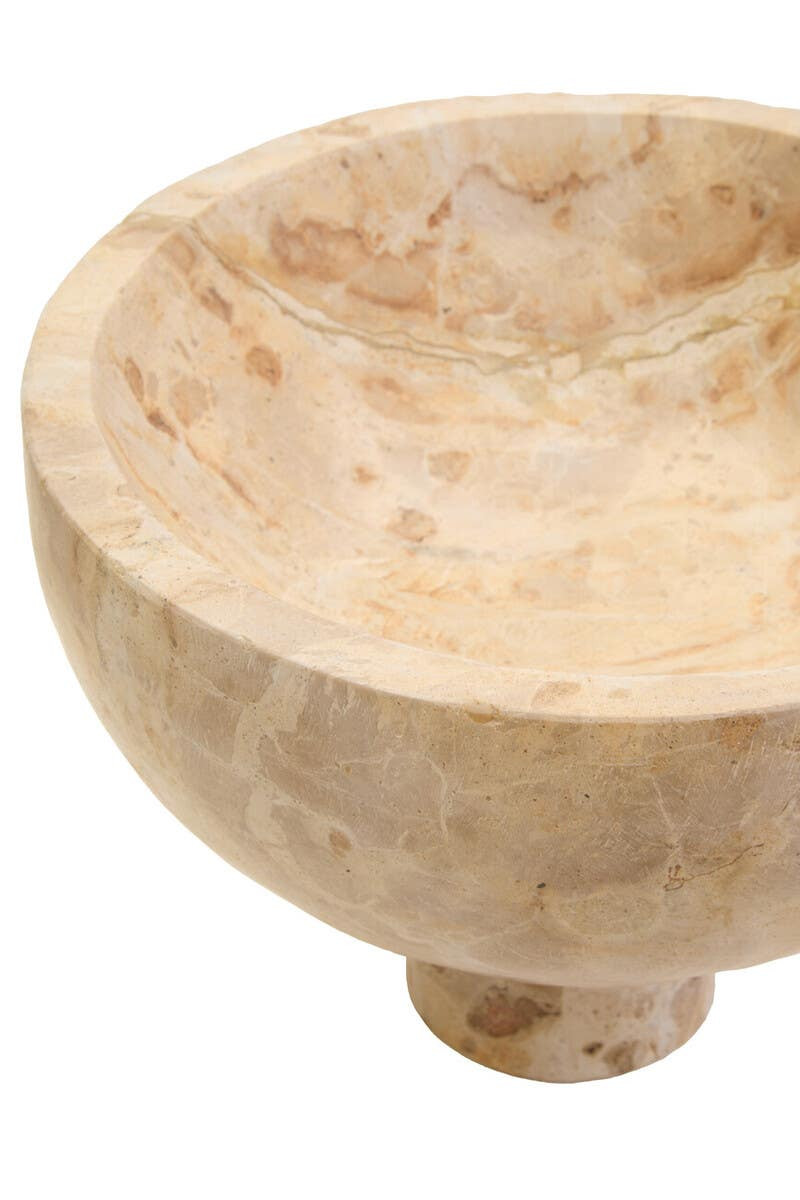 Chocolate marble pedestal bowl with natural veining and a round elevated base.