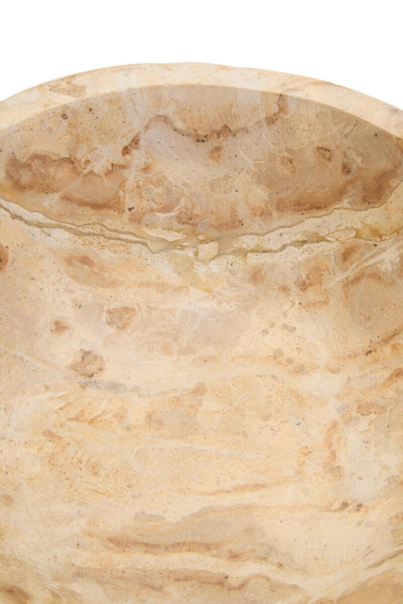 Chocolate marble pedestal bowl with natural veining and a round elevated base.