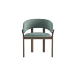 Upholstered armchair with curved backrest and armrests in green fabric, supported by a shaded grey-brown beech wood frame.