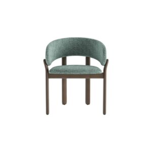 Upholstered armchair with curved backrest and armrests in green fabric, supported by a shaded grey-brown beech wood frame.