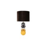 Handcrafted bronze and yellow glazed ceramic table lamp with stacked sculptural base and dark drum shade