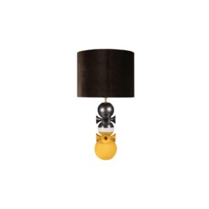 Handcrafted bronze and yellow glazed ceramic table lamp with stacked sculptural base and dark drum shade
