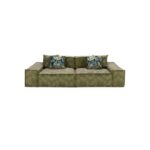 HULK Sofa in olive green, two-seater modular design with plush cushions and botanical accent pillows