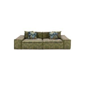 HULK Sofa in olive green, two-seater modular design with plush cushions and botanical accent pillows