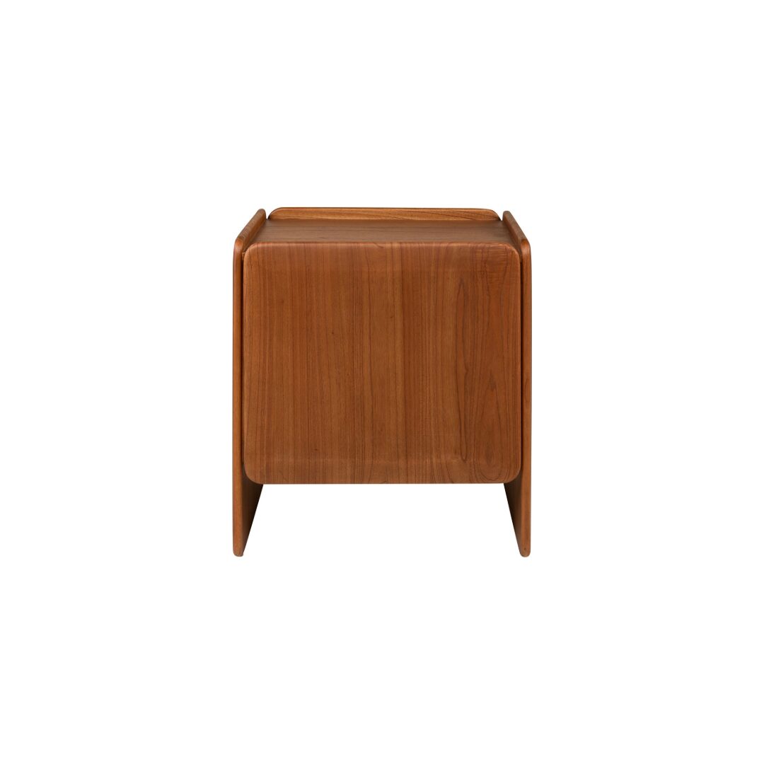 MIKA Left Bedside Cabinet in amber-finished mindi veneer with smooth rounded edges and modern sculptural form.