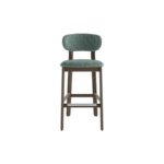 Upholstered island bar chair with green fabric seat, curved backrest, and shaded grey-brown beech wood frame.