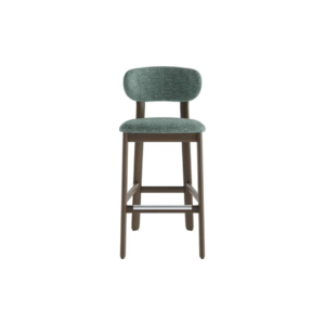 Upholstered island bar chair with green fabric seat, curved backrest, and shaded grey-brown beech wood frame.