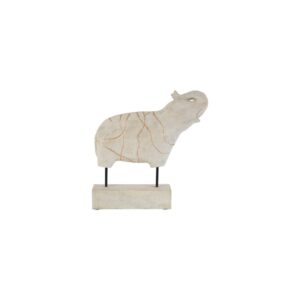 Whitewashed mango wood elephant sculpture with gold engraved detailing, mounted on a rectangular pedestal base.