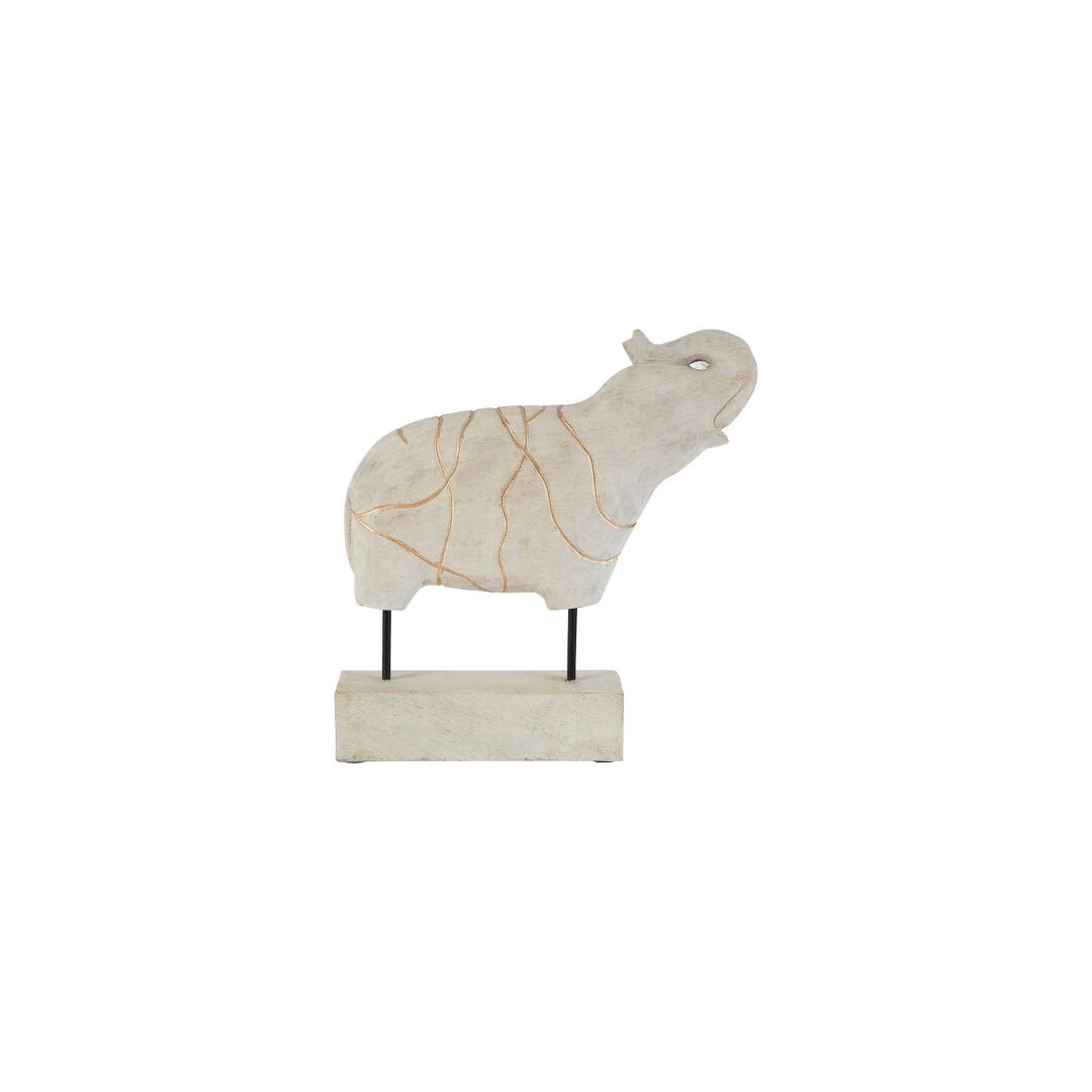 Whitewashed mango wood elephant sculpture with gold engraved detailing, mounted on a rectangular pedestal base.