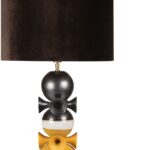 Handcrafted bronze and yellow glazed ceramic table lamp with stacked sculptural base and dark drum shade